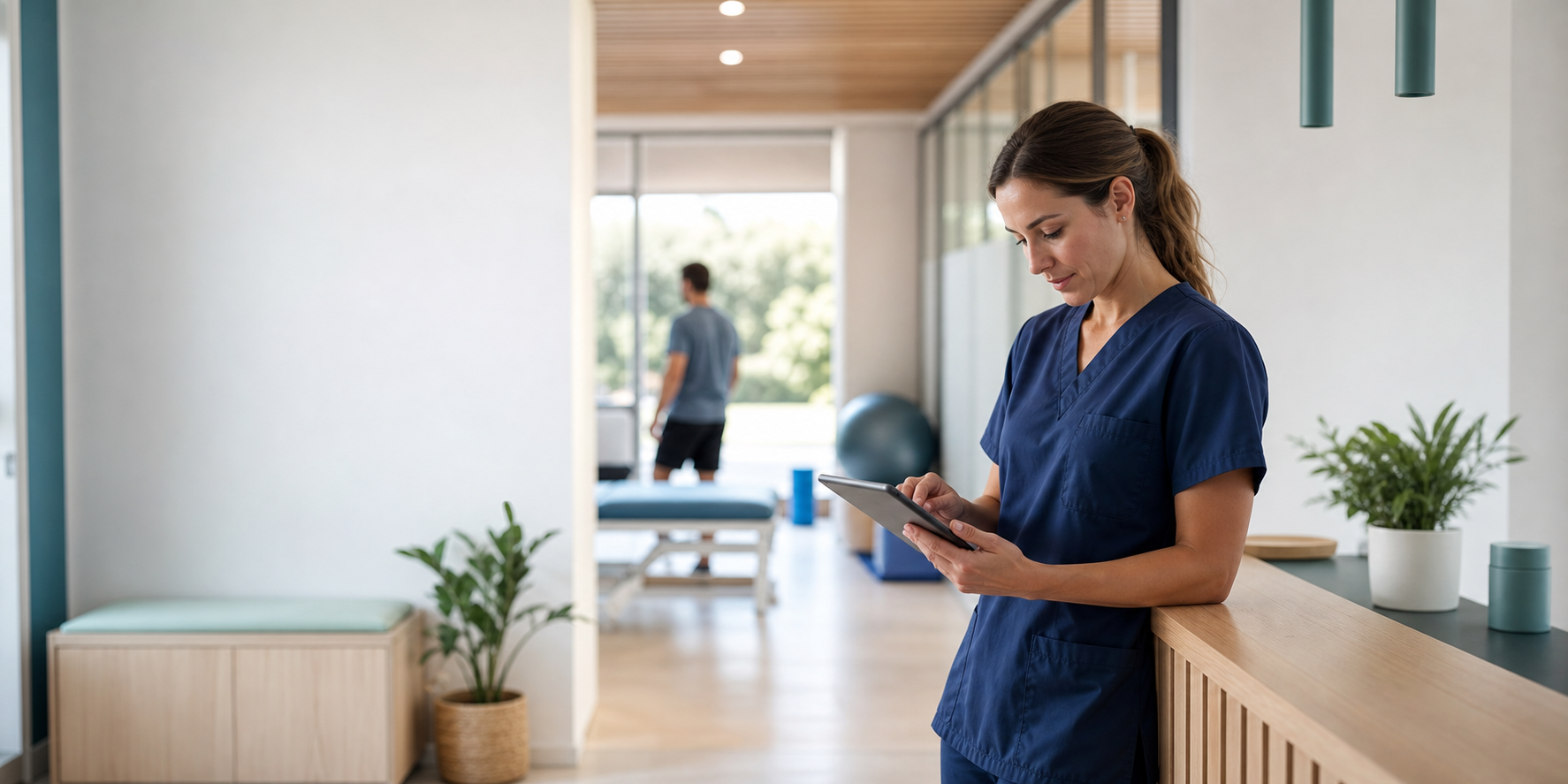 Profesional de una clínica consulta una tableta en recepción